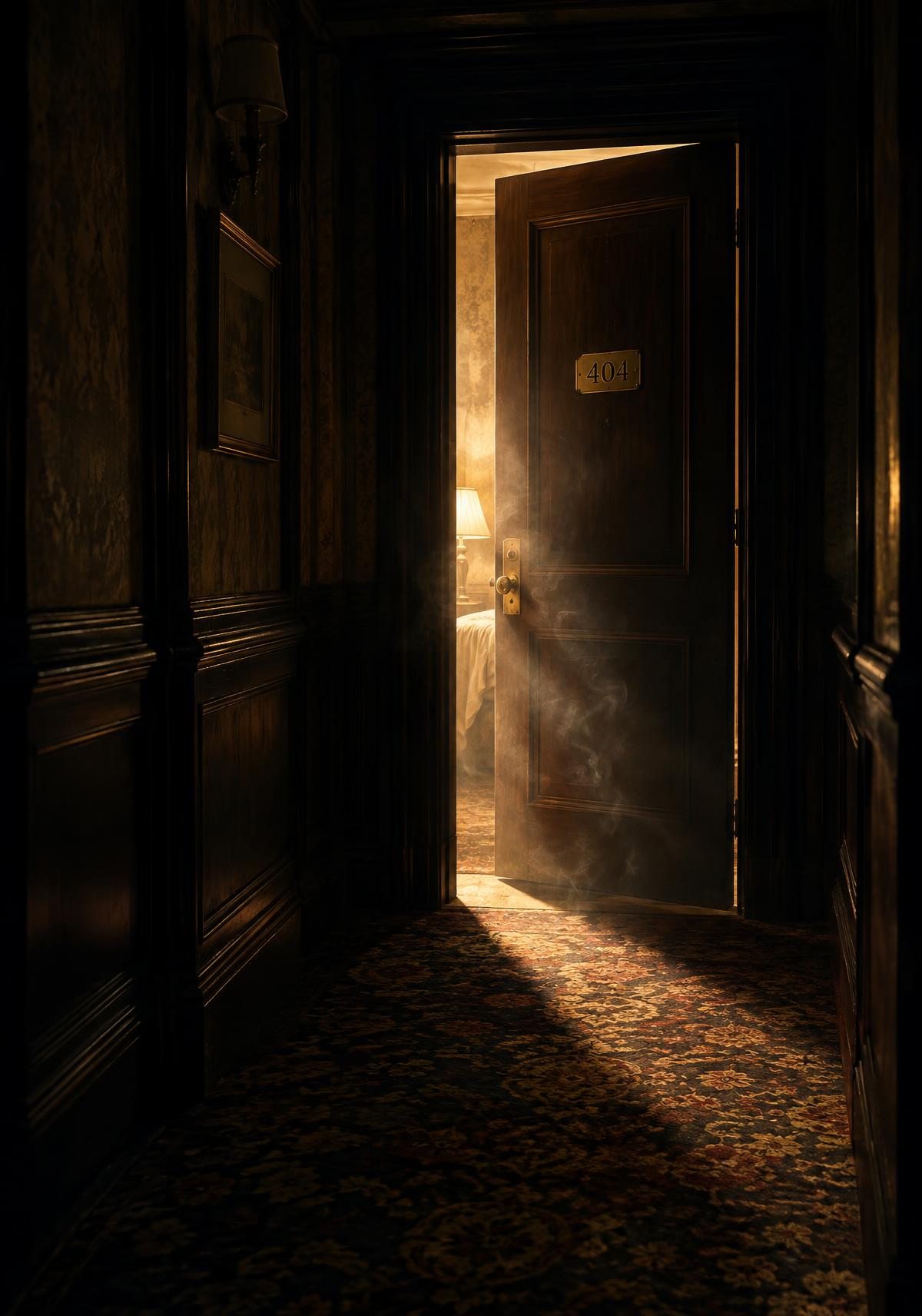 A half-open door numbered 404, warm light and a thread of smoke spilling into a dark corridor