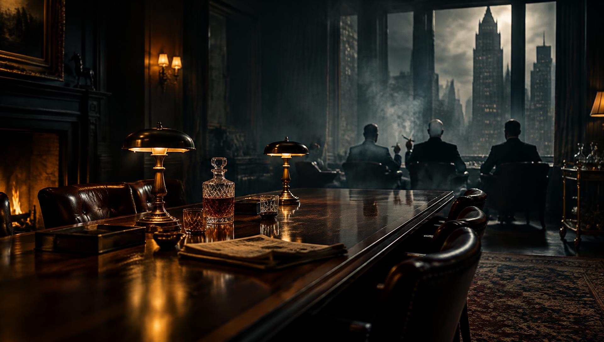 Illustration of a 1920s hotel sitting room with brass lamps, a whiskey decanter and cigar smoke