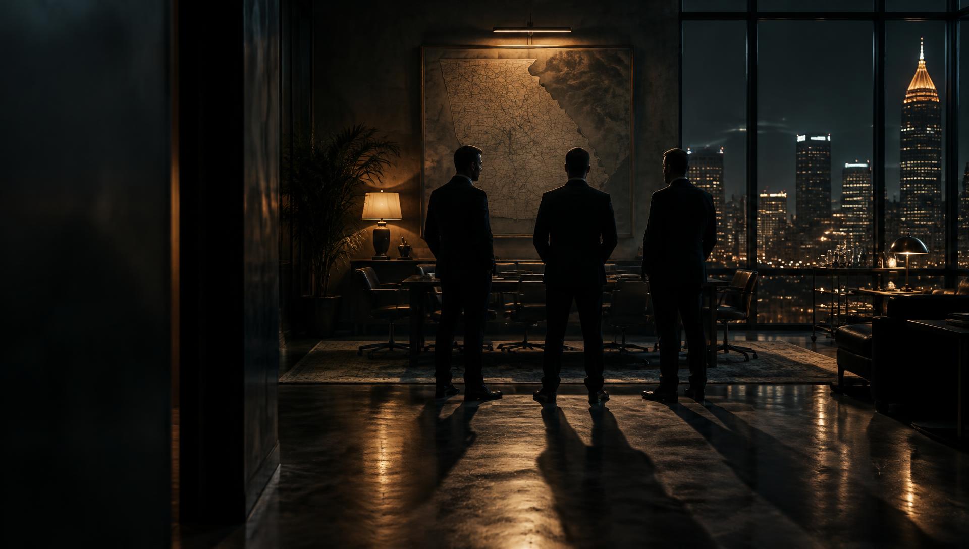 Three men in dark suits stand side by side in a Georgia strategy office at night, facing a lit wall map of Georgia, their long shadows stretching across the floor