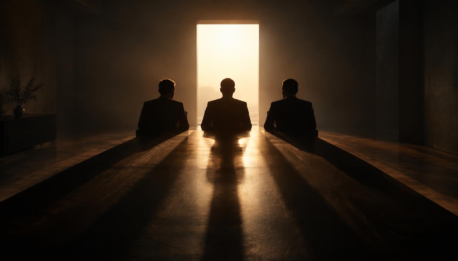 Three silhouetted men in suits seated together at one long table, backlit by a bright doorway, three long shadows across the table