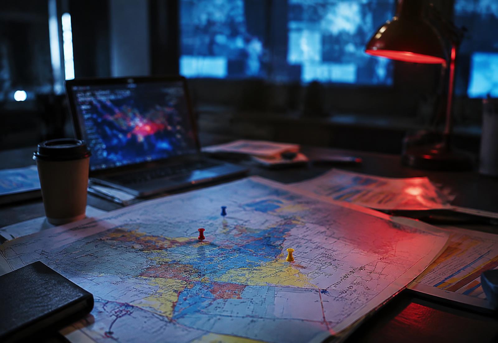 Annotated precinct maps and a laptop under a red desk lamp at night