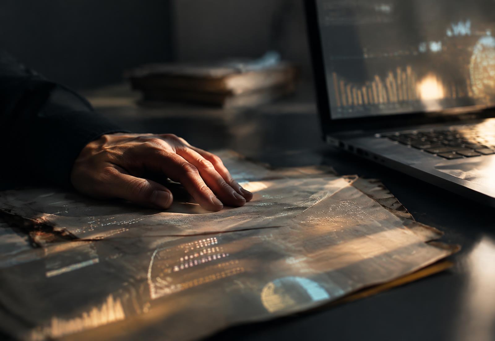 A hand resting on old papers, lit by the glow of a laptop showing charts