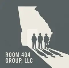 Room 404 Group, LLC logo: an ivory outline of Georgia on slate gray, three men in fedoras standing together in a bright doorway with long shadows